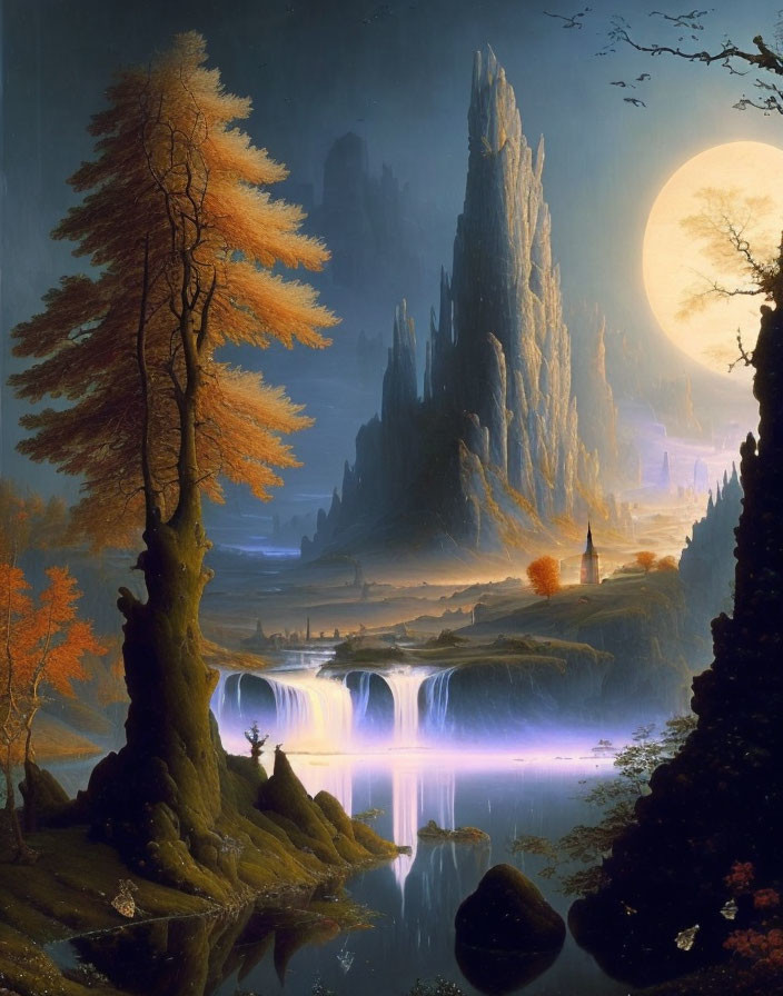 Fantasy landscape with autumn trees, moonlit sky, rock formations, waterfall, and reflective lake.