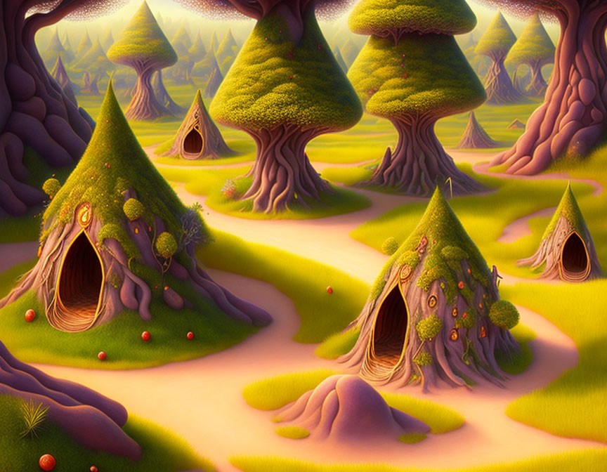 Mystical forest with whimsical trees and fairy-tale houses