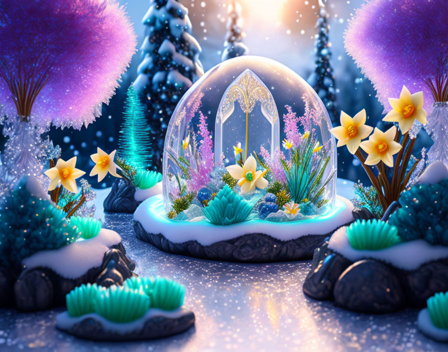Glowing snow globe with flowers in winter landscape