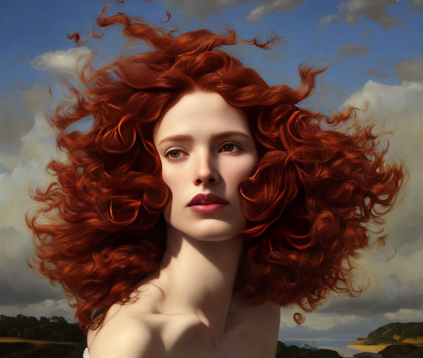 Red-haired woman with fair skin in serene pose under cloudy sky