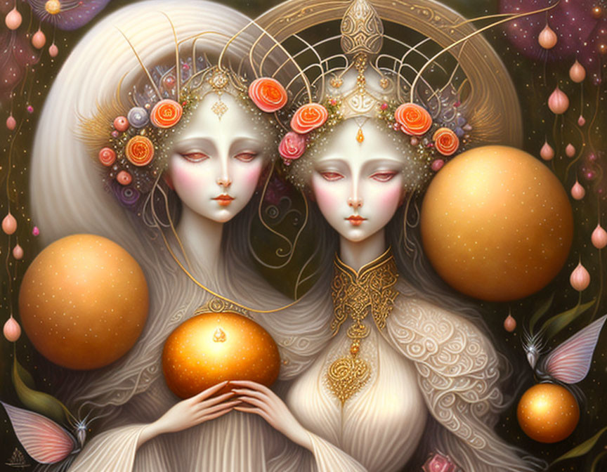 Ethereal female figures with ornate headdresses and golden orbs.