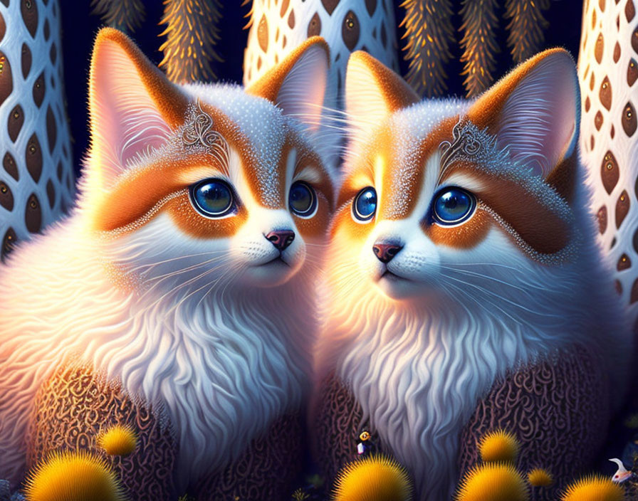 Fluffy cats with blue eyes and golden markings in soft light