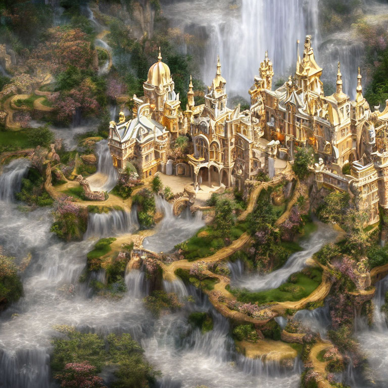 Golden palace in fairy-tale landscape with waterfalls and lush greenery