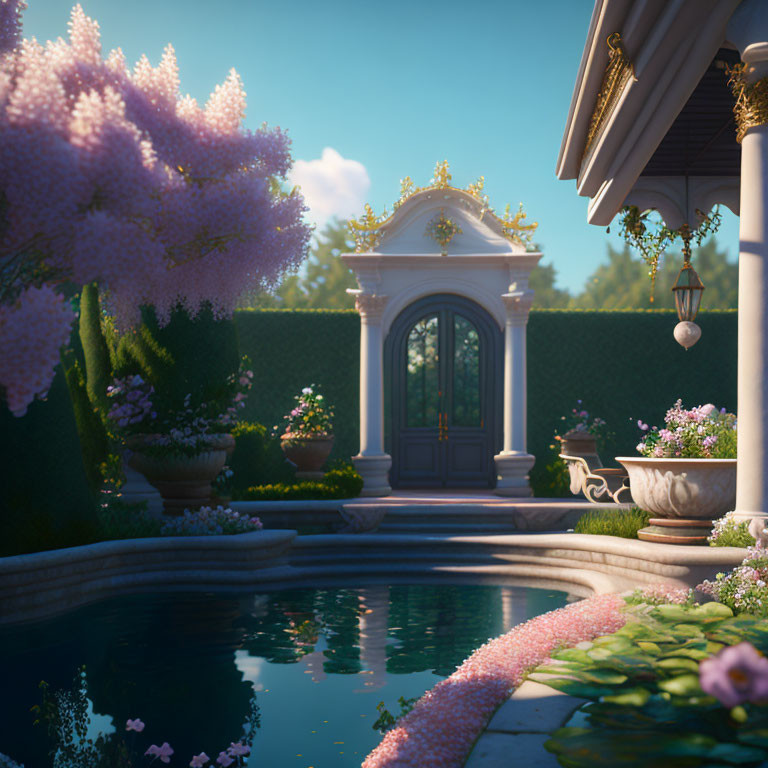 Tranquil garden with pool, flowers, classical doorway, hedges, and trees.
