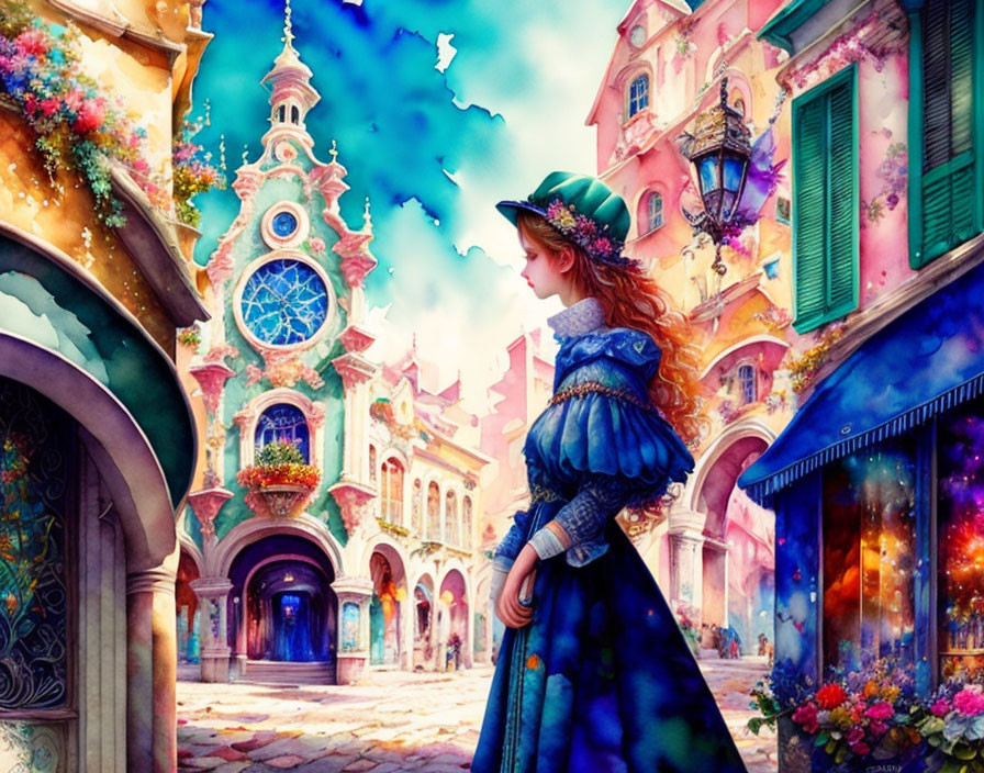 Young woman in historical blue dress walking on vibrant street