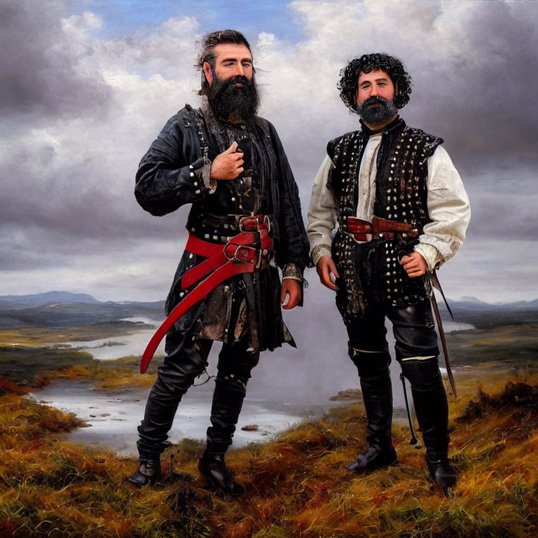 Men in traditional highland attire with beards, one holding a sword, in moorland setting