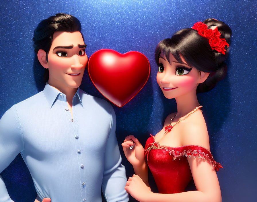 Animated male and female characters holding red heart on blue background
