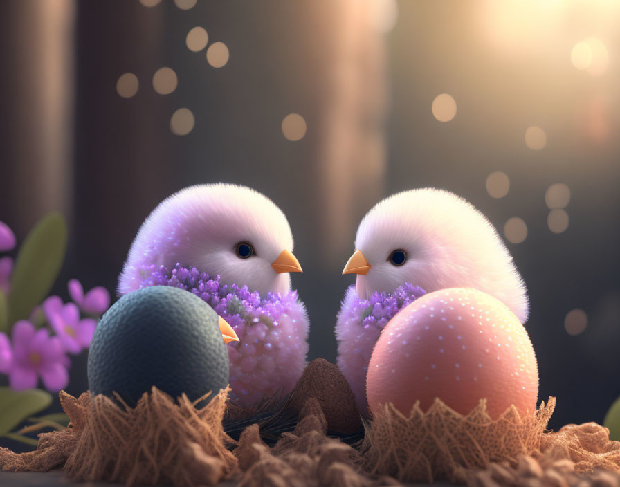 Fluffy animated chicks with purple plumage next to speckled eggs in a nest