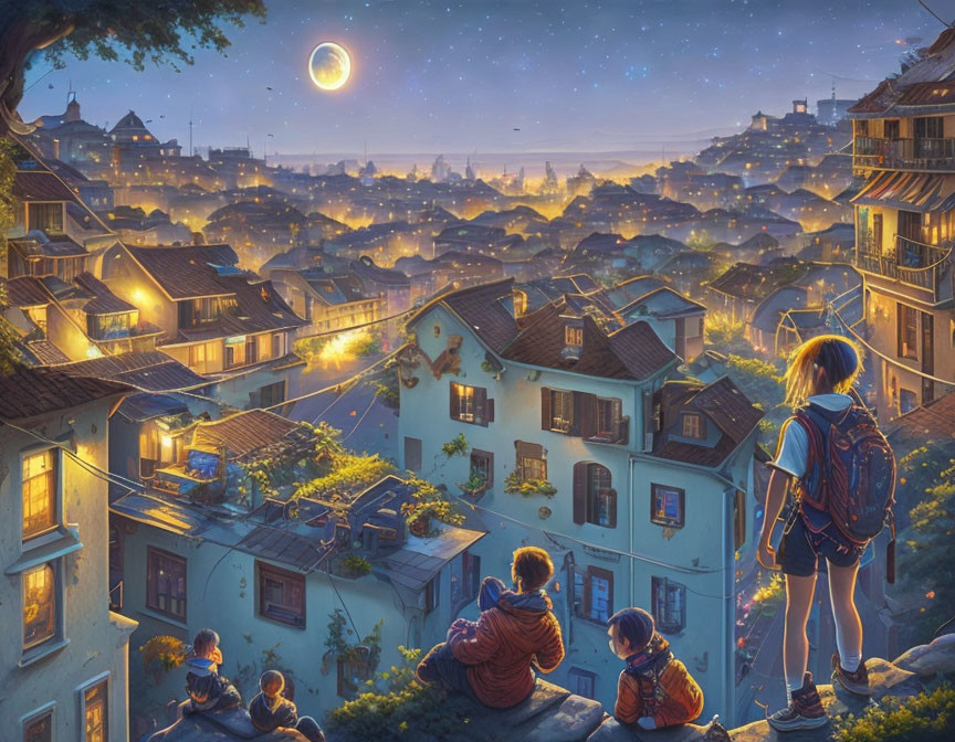 Children on rooftop admire starry sky and crescent moon over quaint village at dusk