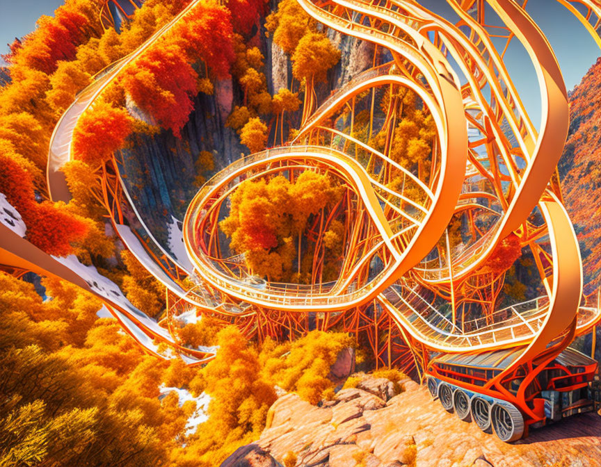 Roller Coaster Through Autumn Scenery