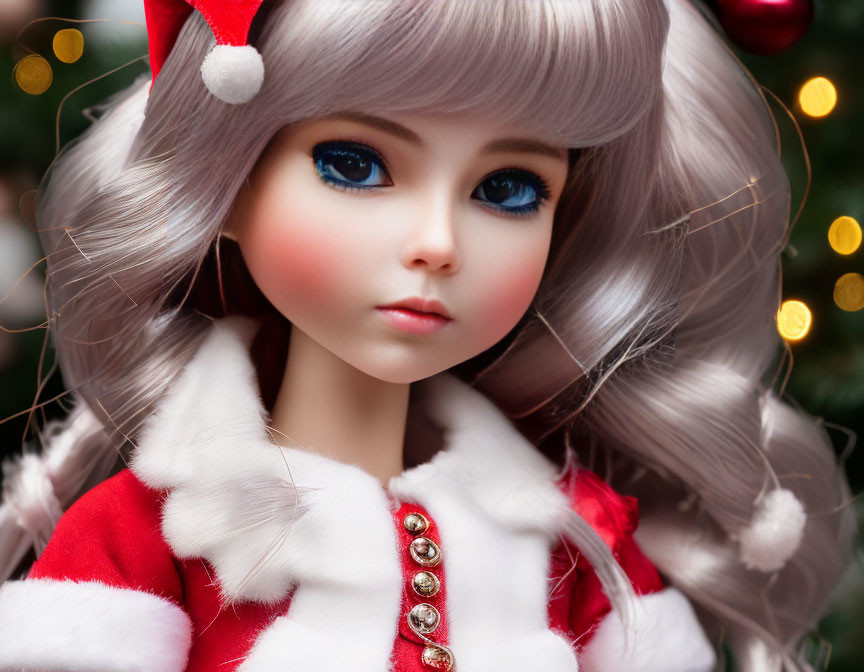 Blue-eyed doll in Santa outfit with silver hair, against Christmas tree backdrop