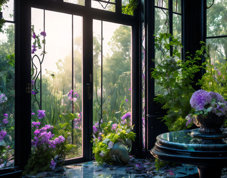 Tranquil room with open French door, garden view, sunlight, lush plants, purple flowers
