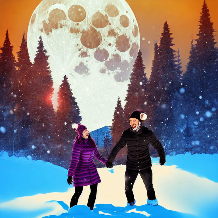 Couple Holding Hands in Snowy Winter Landscape with Moon and Hot Air Balloon