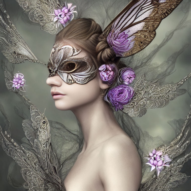 Person wearing butterfly mask surrounded by floral hair, whimsical butterfly-themed backdrop