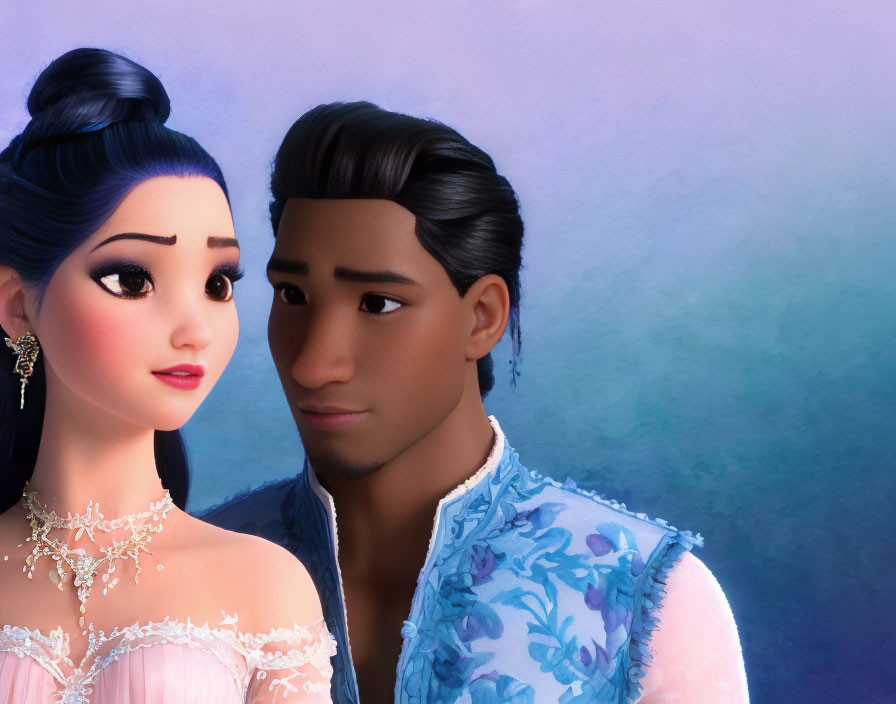 Animated characters: woman with blue updo and man with dark hair, gazing affectionately on soft