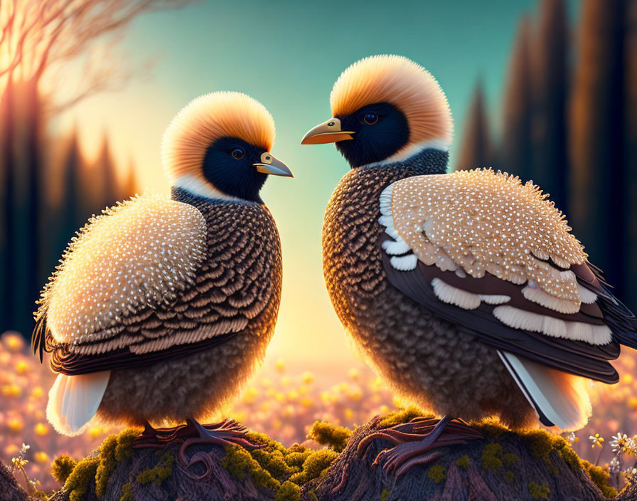 Stylized birds with fluffy feathers and beaks in mystical forest at dusk