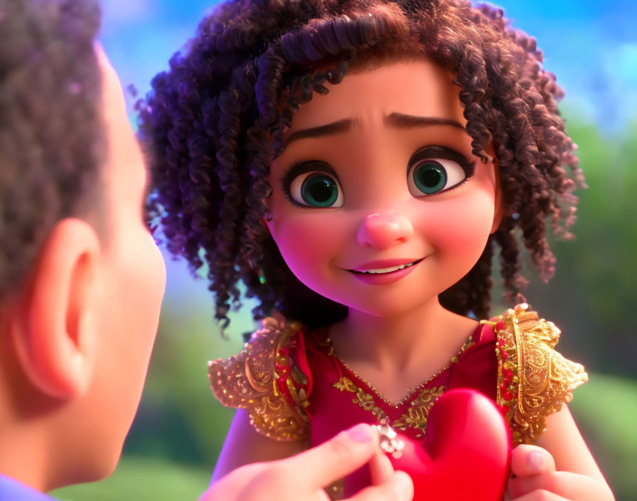Animated girl with curly hair in golden dress holding heart-shaped object