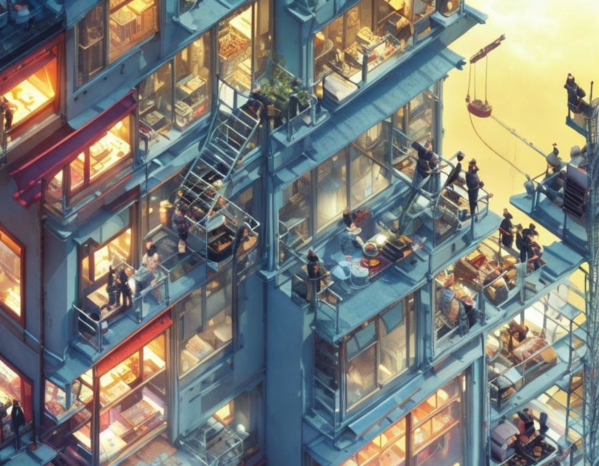 Detailed illustration of multi-story building with dining, balcony conversations, and person hanging.