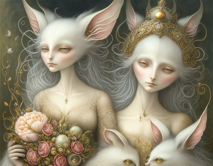 Ethereal humanoid figures with feline features in ornate attire and mystical ambiance.