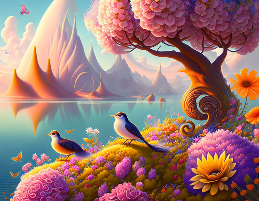 Colorful landscape with vibrant birds and whimsical elements.