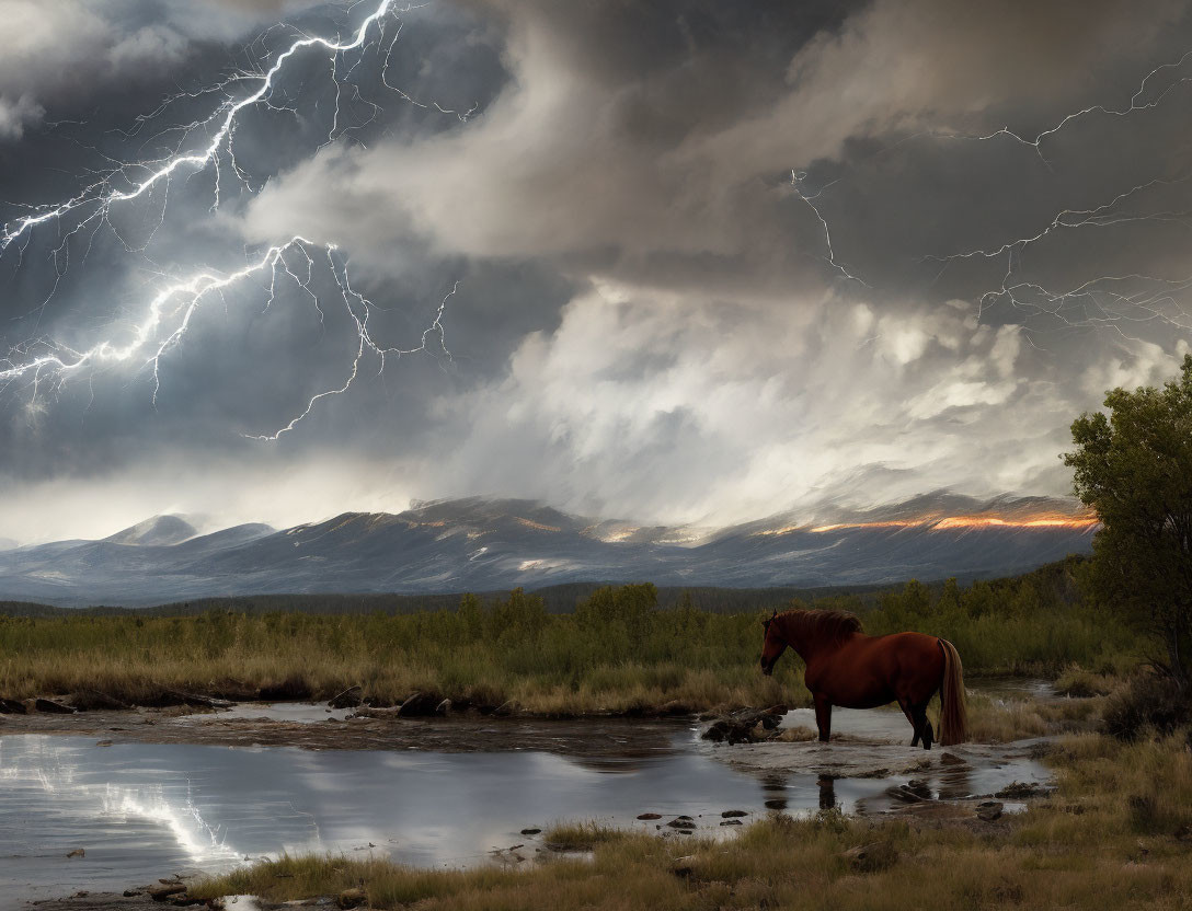 Horse standing near water under stormy skies and sunset.