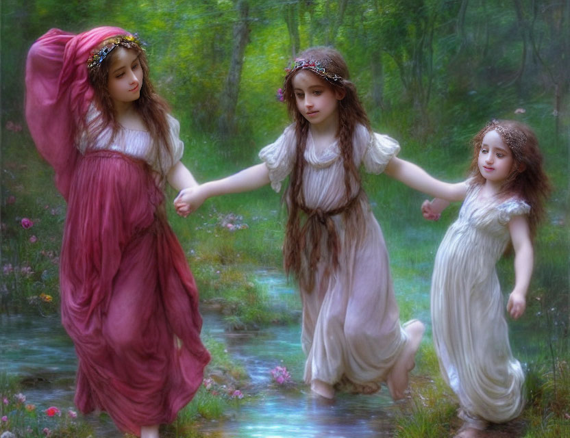 Three girls in flowing dresses holding hands in ethereal forest with misty atmosphere.
