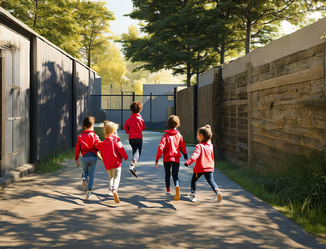 Group of five children in red hoodies running down sunny pathway
