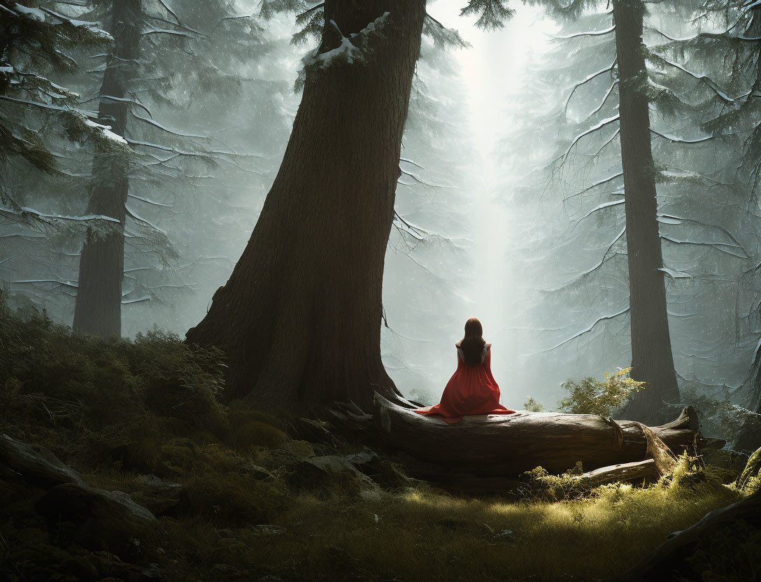 Person in Red Cloak Sitting on Fallen Tree in Mystical Forest