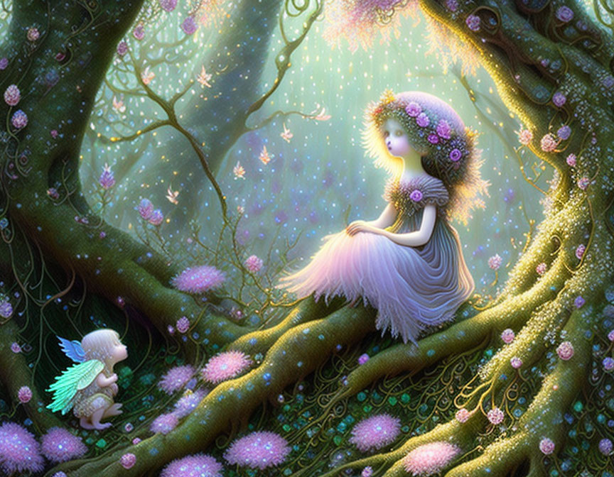 Enchanting forest scene with fairy-like creature and winged being