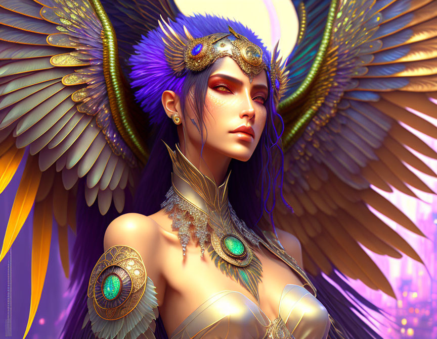 Majestic fantasy illustration with purple hair, ornate headpiece, and colorful wings.