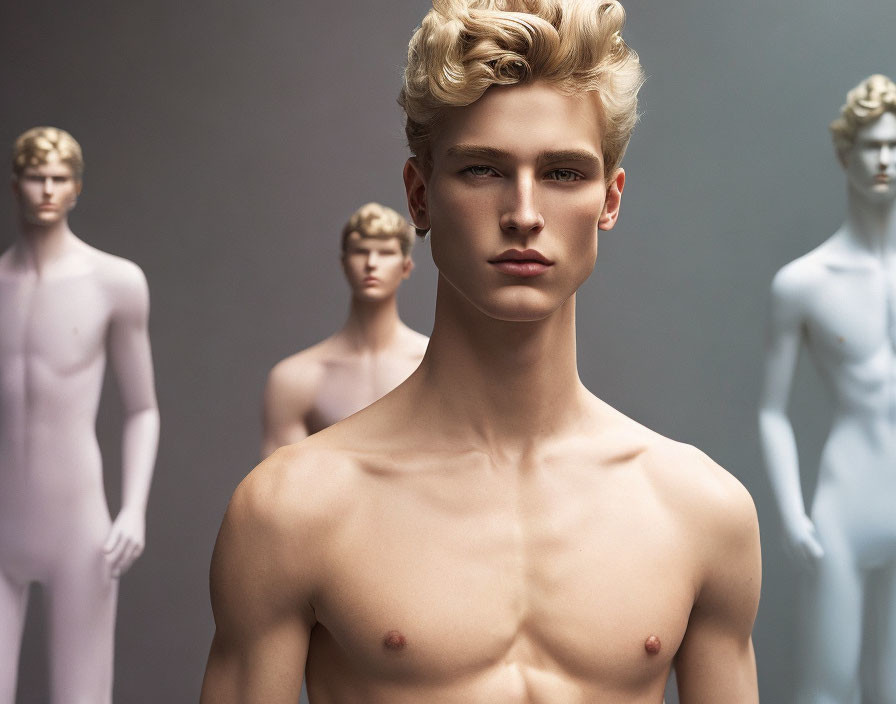 Blonde male model poses shirtless with mannequins