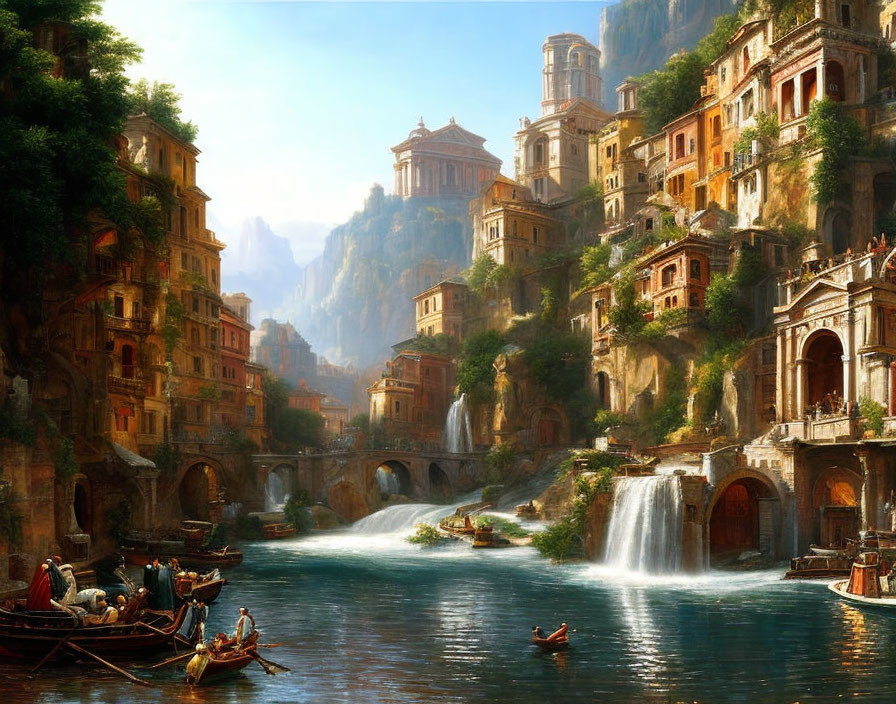 Tranquil Italianate village with waterfalls, river, and classical architecture