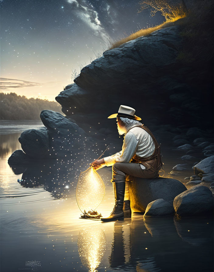 Person in hat by tranquil river with magical lantern and sailing ship at dusk