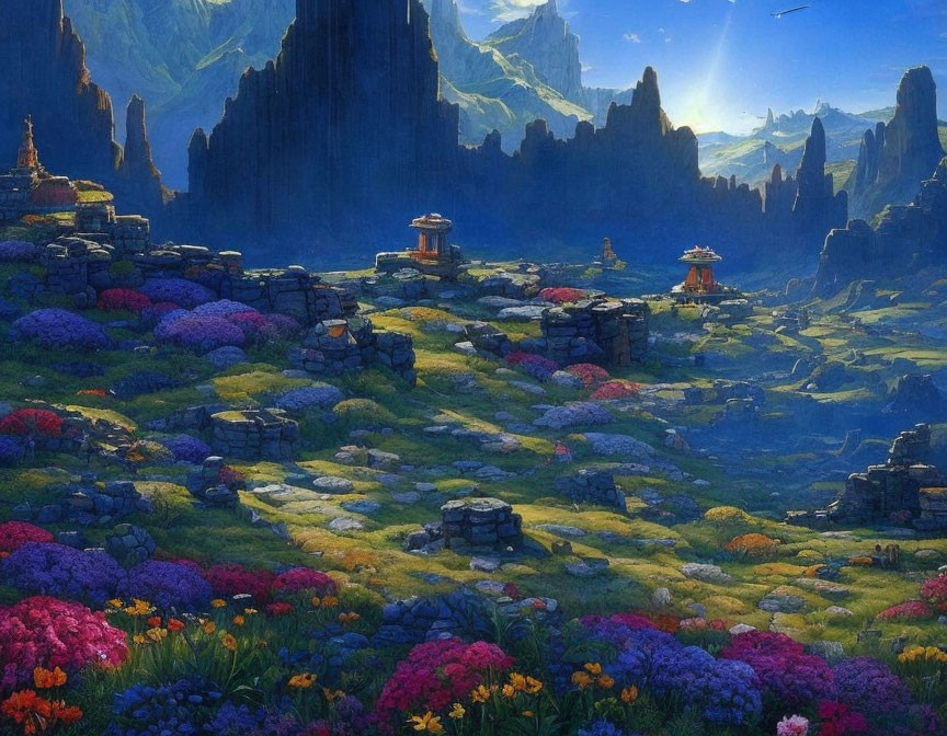 Colorful Fantasy Landscape with Flowers, Ruins, and Pagodas