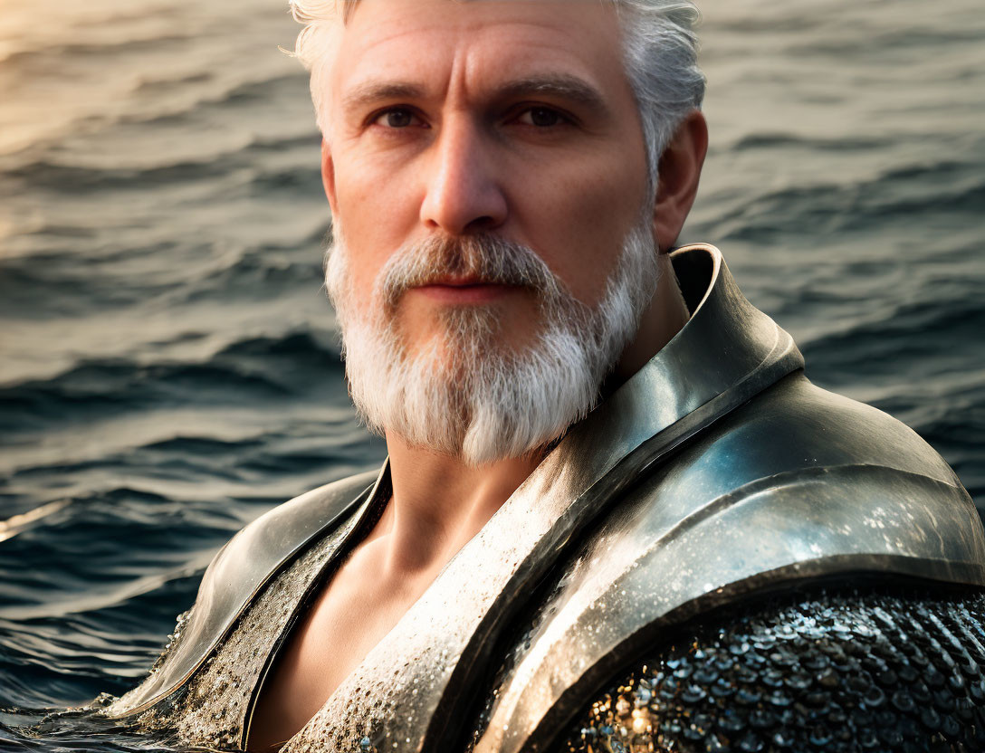 Mature man with beard in armor against ocean sunset