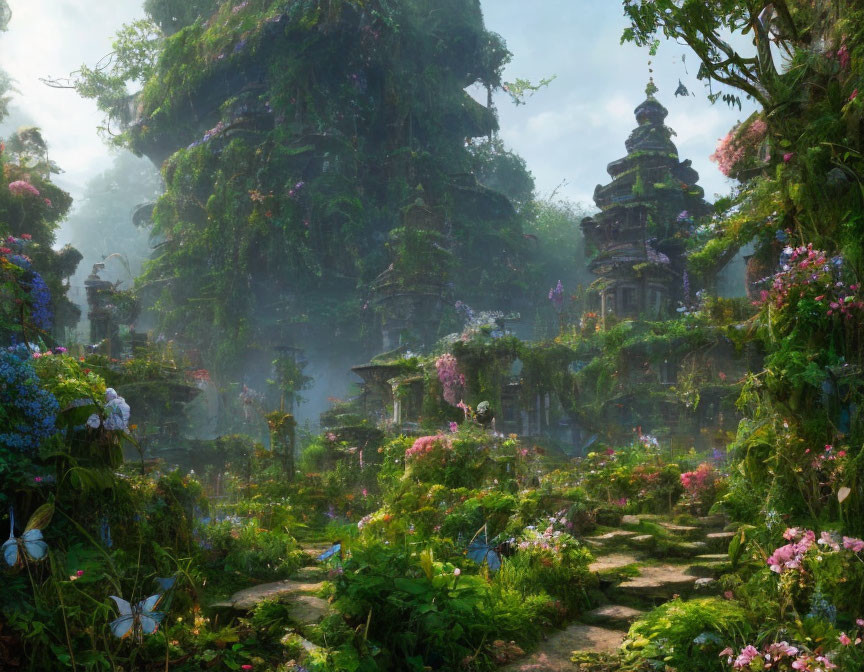 Enchanting overgrown garden with ancient ruins and vibrant flowers