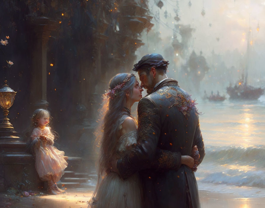 Vintage Attired Couple Embracing on Misty Street with Young Girl Watching