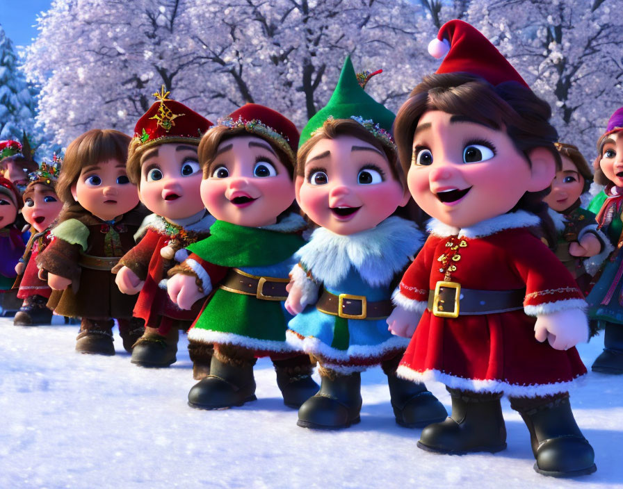 Festive Animated Elves in Snowy Forest Setting