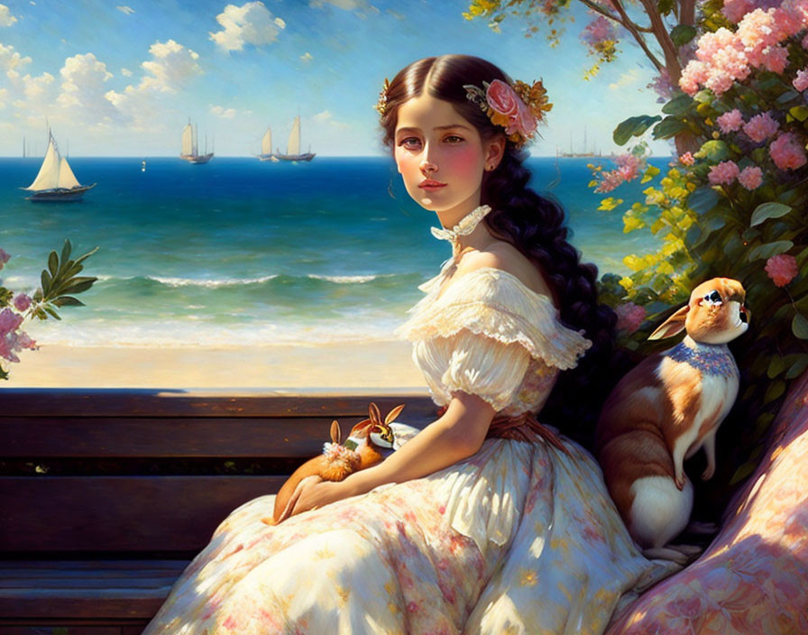 Young woman by the sea with cat, small animal, sailboats, and flowers
