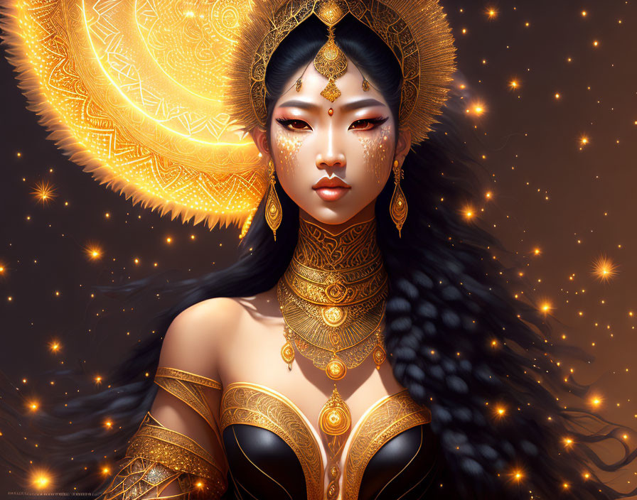 Illustration of Woman with Gold Jewelry and Tattoos Under Sun Halo