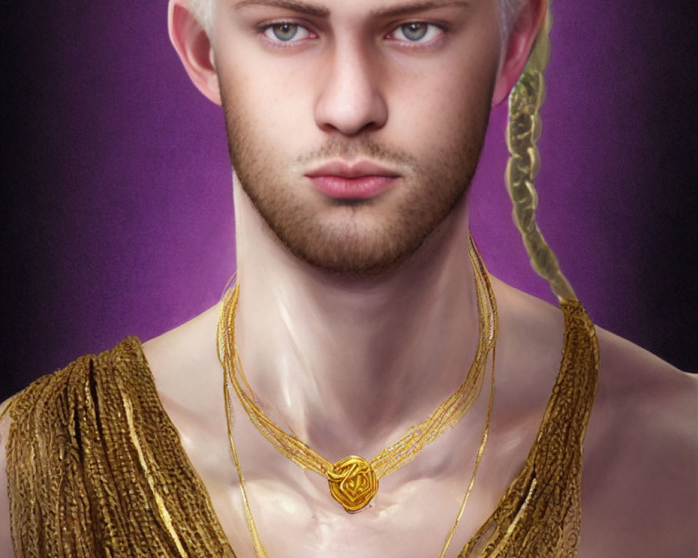 Portrait of person with platinum blonde hair, gold necklace, and textured golden garment