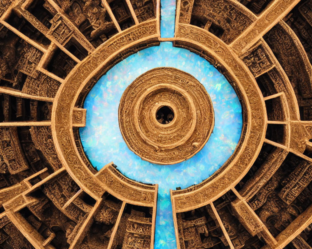 Circular mandala-like pattern with vibrant blue streak in overhead view