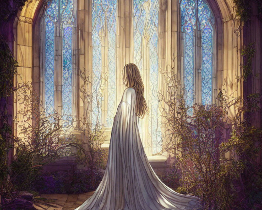Woman in Long White Gown Stands by Stained Glass Window