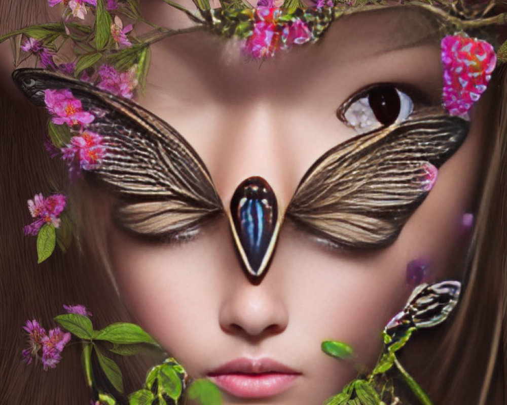 Woman's face with butterfly wing eyes, vibrant flowers, and plant elements.