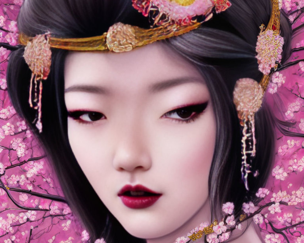 Traditional Asian woman portrait with red makeup and headdress among pink cherry blossoms