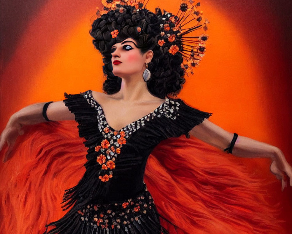 Woman in Dramatic Makeup and Black Flamenco Dress with Orange Accents and Floral Headpiece on Warm