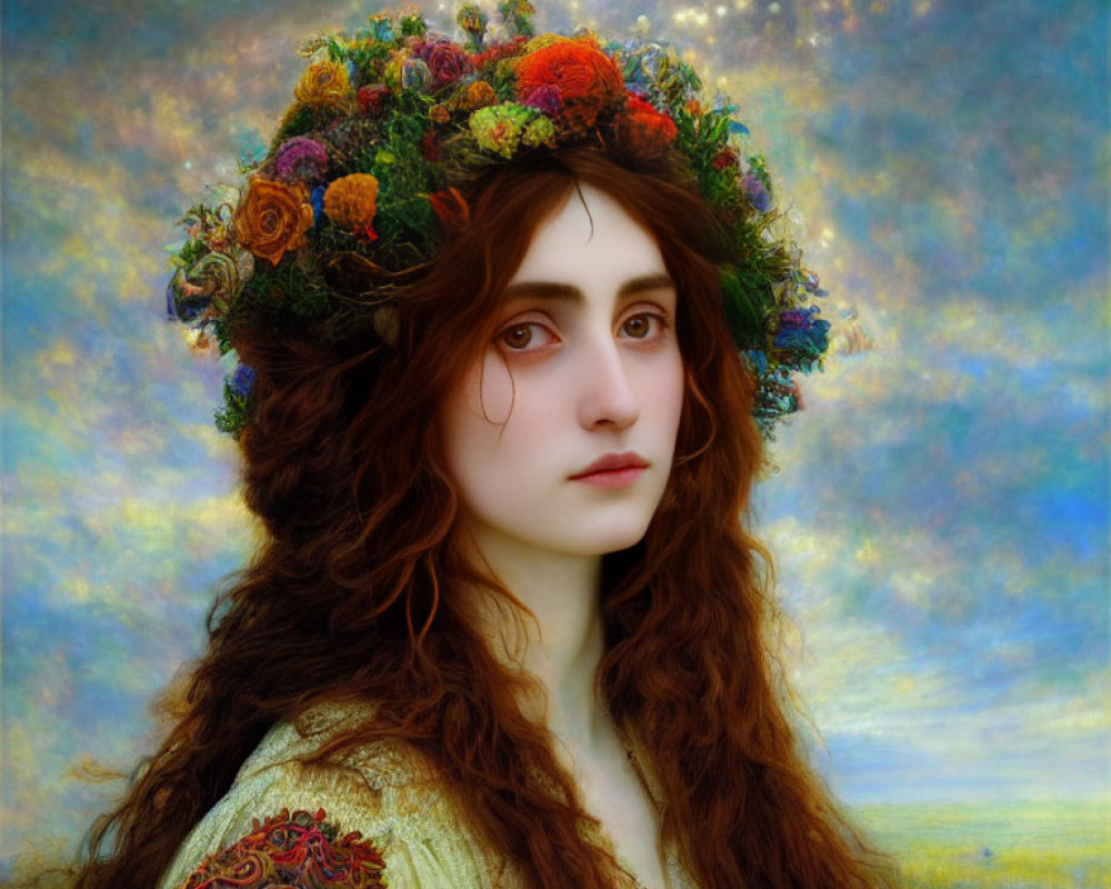 Auburn-haired woman with flower crown against dreamy backdrop