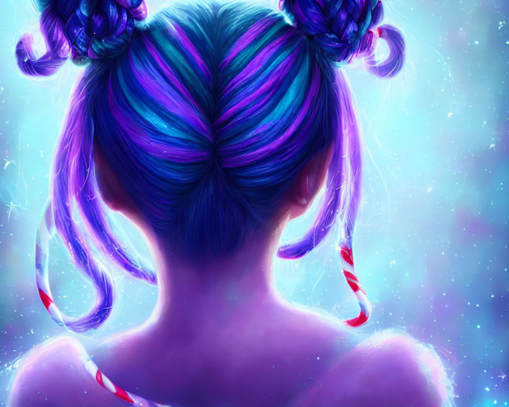 Vibrant blue and purple hair in buns with candy cane accessories on cosmic backdrop
