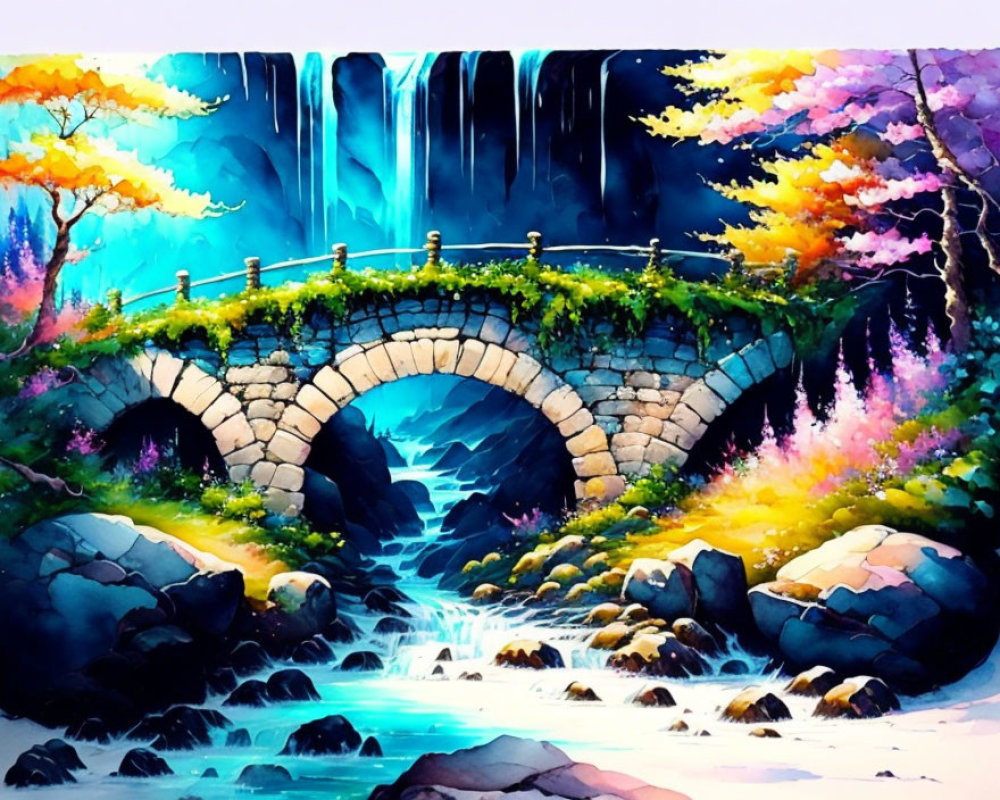 Colorful autumn stone bridge watercolor painting with waterfall and stream.