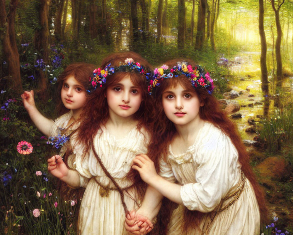 Three girls with floral wreaths in sunlit forest clearing